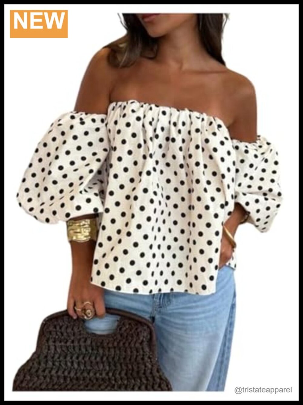 Off Shoulder Polka Dot Puff Sleeve Top
